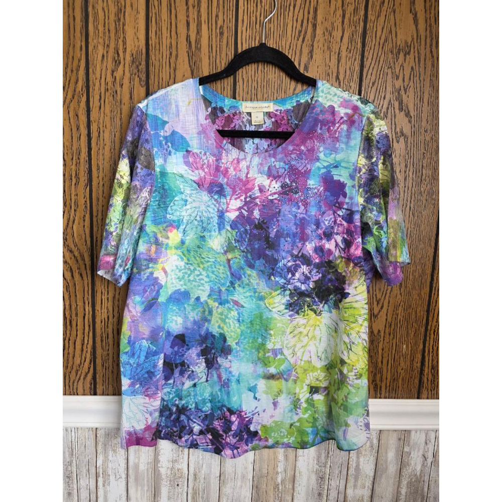 Women's Christopher & Banks XL Short Sleeve Tee Purple Blue Floral Lace